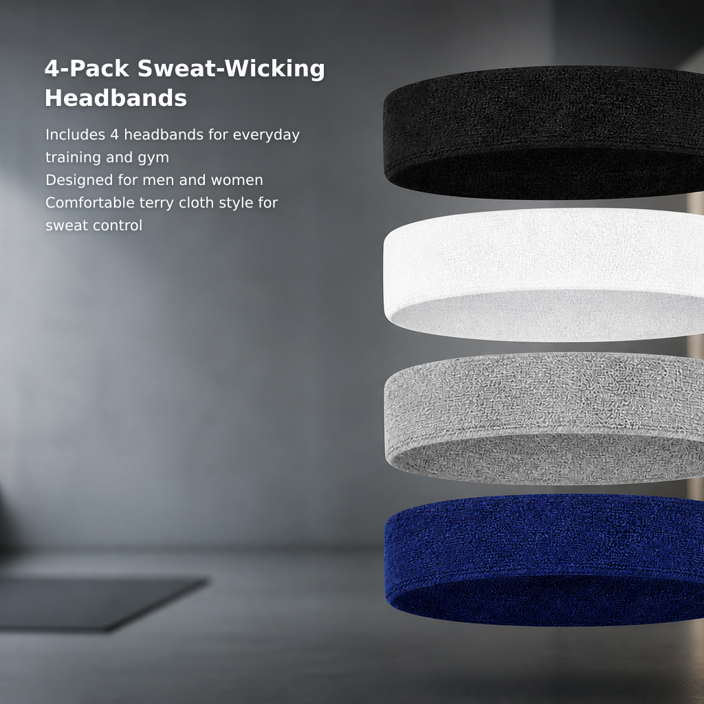 4-Pack Cotton Terry Sports Headbands for Men and Women