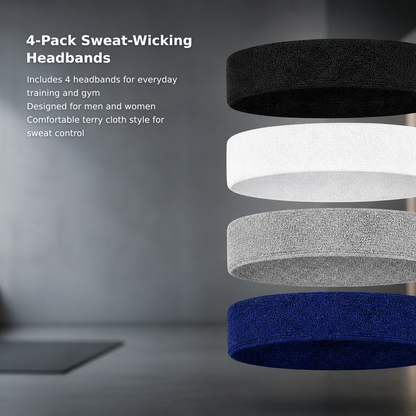 4-Pack Cotton Terry Sports Headbands for Men and Women